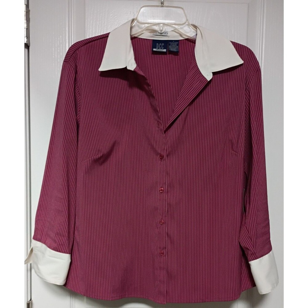 DCC Missy Womens Magenta Pinstripe Stretch Button Down Shirt Contrast Cuffs Sz L